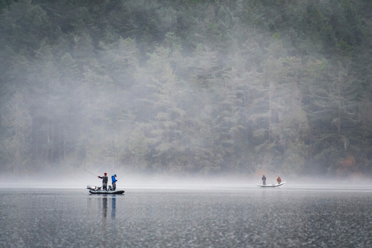 people on boat fishing near foggy forest in the rain